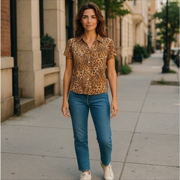 Vintage E.K. Designs Leopard Animal Print Spandex Blend Blouse Size M - Picture 1 of 12